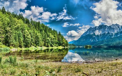 Alps, Seealpsee, Alpstein range, summer, mountains, lake, Wasserauen, Switzerland, Europe, HDR, beautiful nature