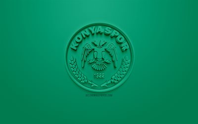 Konyaspor, creative 3D logo, green background, 3d emblem, Turkish football club, SuperLig, Konya, Turkey, Turkish Super League, 3d art, football, 3d logo