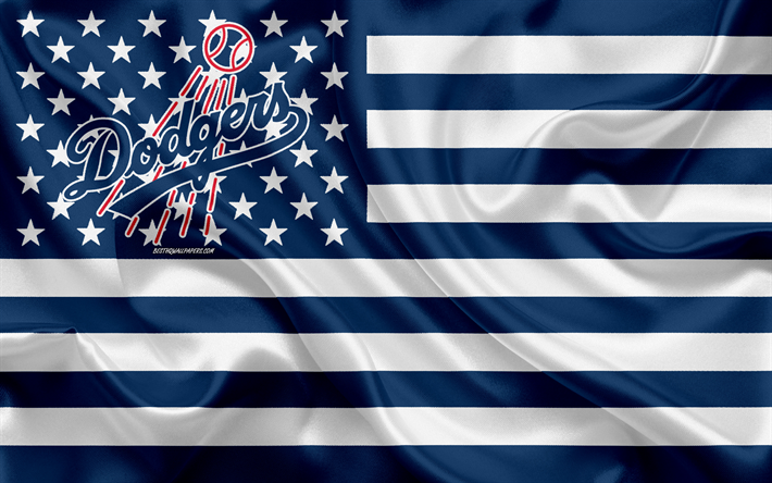 Los Angeles Dodgers, American baseball club, American creative flag, blue white flag, MLB, Los Angeles, California, USA, logo, emblem, Major League Baseball, silk flag, baseball