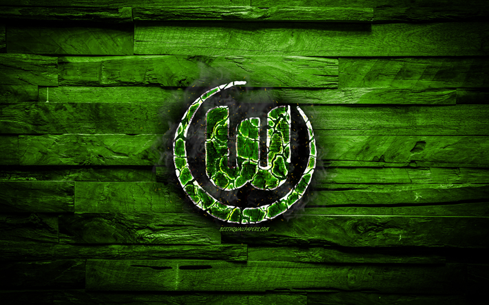 Wolfsburg FC, ateşli logosu, Şampiyonlar Ligi, yeşil ahşap arka plan, Alman Futbol Kul&#252;b&#252;, grunge, Wolfsburg, futbol, Wolfsburg logo, yangın doku, Almanya
