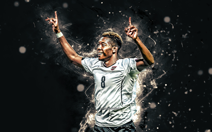 David Alaba, 4k, &#193;ustria Equipe Nacional, uniforme branco, futebol, jogadores de futebol, Alaba, luzes de neon, Austr&#237;aco de time de futebol