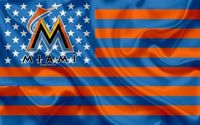 Miami Marlins, American baseball club, American creative flag, blue orange flag, MLB, Miami, Florida, USA, logo, emblem, Major League Baseball, silk flag, baseball