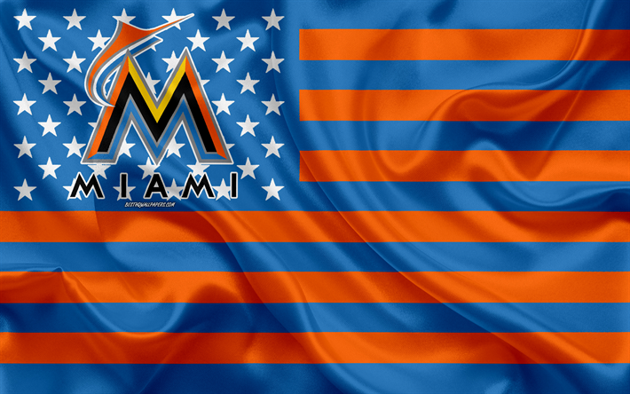 Miami Marlins, Americana de beisebol clube, American criativo bandeira, azul bandeira cor de laranja, MLB, Miami, Fl&#243;rida, EUA, logo, emblema, Major League Baseball, seda bandeira, beisebol