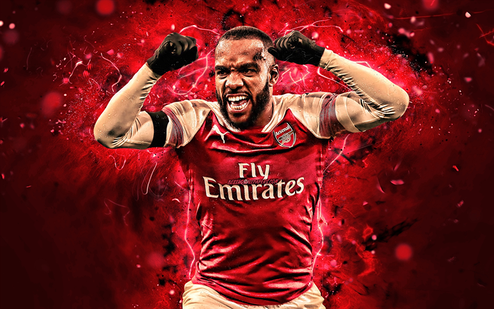 Alexandre Lacazette, close-up, Arsenal FC, joy, french footballers, soccer, Lacazette, goal, England, Premier League, football, The Gunners, neon lights