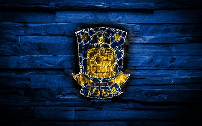 Brondby FC, fiery logo, Danish Superliga, blue wooden background, danish football club, grunge, Brondby IF, football, soccer, Brondby logo, fire texture, Denmark