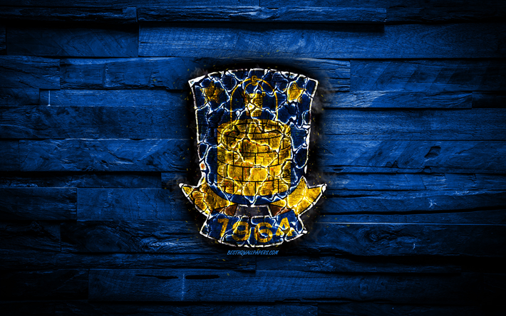 Brondby FC, tulinen logo, Tanskan Superligaen, sininen puinen tausta, tanskalainen jalkapalloseura, grunge, JOS Brondby, jalkapallo, Brondby logo, palo-rakenne, Tanska
