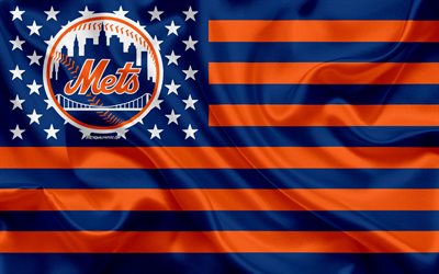 New York Mets, American baseball club, American creative flag, blue orange flag, MLB, New York, logo, emblem, Major League Baseball, silk flag, baseball