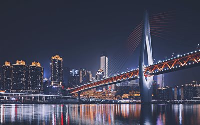 Twin River Broar, Dongshuimen Bridge, Qianximen Bridge, 4k, natt, Chongqing, Kina, Asien