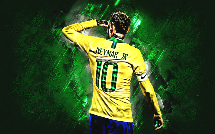 Neymar, il Brasile della nazionale di calcio, il numero 10, attaccante, creativo, sfondo verde, calciatore Brasiliano, stella del calcio, Brasile