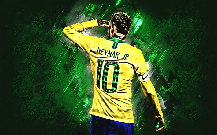 Download Wallpapers Neymar Brazil National Football Team Number 10 Striker Creative Green Background Brazilian Soccer Player Football Star Brazil For Desktop Free Pictures For Desktop Free