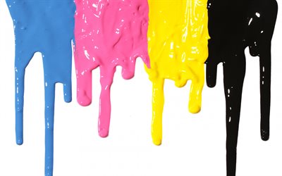 CMJN, couleur, mod&#232;le, couleurs, 4 le mod&#232;le de couleur CMYK concepts, fond blanc, peinture