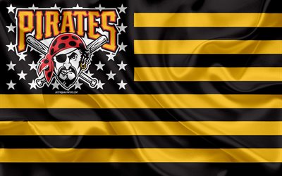 Los Piratas de Pittsburgh, American baseball club, American creativo de la bandera, negro y amarillo de la bandera, MLB, Pittsburgh, Pennsylvania, logotipo, emblema de la Liga Mayor de B&#233;isbol, bandera de seda, de b&#233;isbol