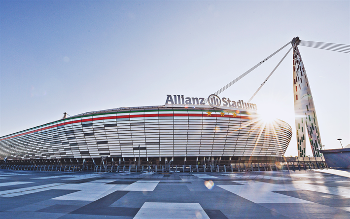 Juventus Stadium, kirkas aurinko, Allianz Stadium, jalkapallo-stadion, jalkapallo, Juventus arena, Italia, Juventuksen uusi stadion, italian stadionit