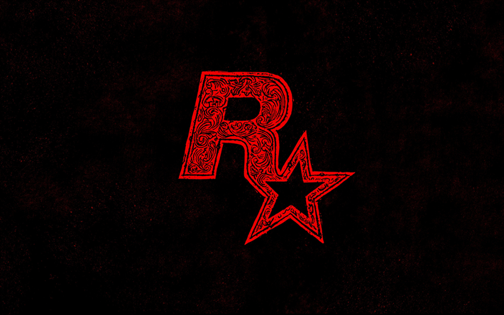 Rockstar, creadora logotipo rojo, con el emblema de ornamentos, de fondo negro
