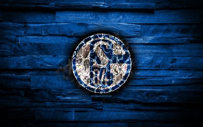 Schalke 04 FC, fiery logo, Bundesliga, blue wooden background, german football club, grunge, FC Schalke 04, football, soccer, Schalke 04 logo, fire texture, Germany