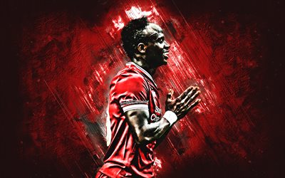 Sadio Manen, Liverpool FC, Senegalesiska fotbollsspelare, mittf&#228;ltare, portr&#228;tt, kreativ konst, r&#246;da sten bakgrund, Premier League, England, fotboll
