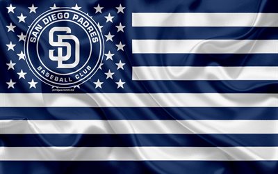 San Diego Padres, Amerikansk baseball club, Amerikansk kreativa flagga, bl&#229;-vit flagga, MLB, San Diego, Kalifornien, logotyp, emblem, Major League Baseball, silk flag, baseball