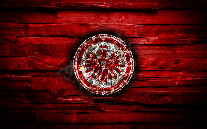 Eintracht Francfort-FC, le logo fiery, Bundesliga, red wooden background, french football club, grunge, l&#39;Eintracht Francfort, le football, le soccer, logo, fire texture, Germany