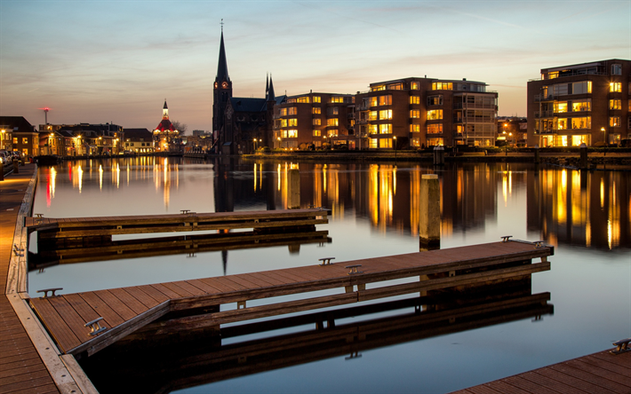 Leidschendam, lago, tarde, puesta de sol, paisaje urbano, Holanda meridional, pa&#237;ses Bajos