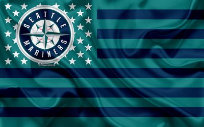 Seattle Mariners, Amerikansk baseball club, Amerikansk kreativa flagga, turkos med bl&#229; flagg, MLB, Seattle, Washington, USA, logotyp, emblem, Major League Baseball, silk flag, baseball