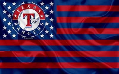 Texas Rangers, Amerikkalainen baseball club, Amerikkalainen luova lippu, punainen sininen lippu, MLB, Arlington, Texas, USA, logo, tunnus, Major League Baseball, silkki lippu, baseball