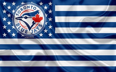 Toronto Blue Jays, Kanada beyzbol kul&#252;b&#252;, yaratıcı Amerikan bayrağı, mavi beyaz bayrak, HABERLER, Toronto, Ontario, Kanada, ABD, logo, amblem, Major League Baseball, ipek bayrak, beyzbol