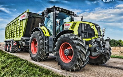 Claas Axion 870, 4k, se alimentan de transporte, 2019 tractores, maquinaria agr&#237;cola, HDR, tractor en la carretera, agricultura, cosecha, Claas
