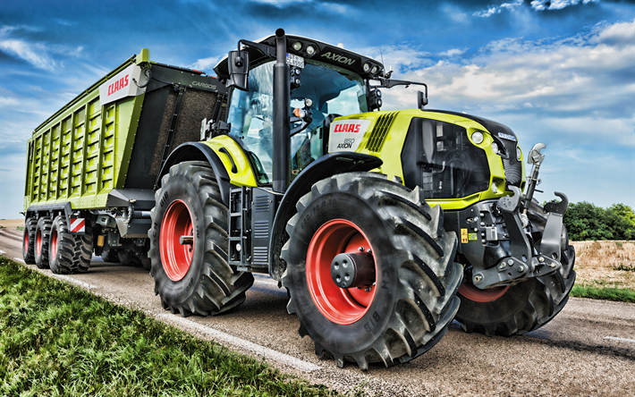 Claas Axion 870, 4k, feed di trasporto, 2019 trattori, macchine agricole, HDR, su strada trattore, agricoltura, raccolto, Claas