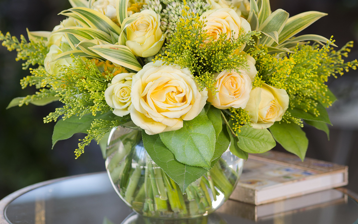 bouquet of yellow roses, yellow roses, glass vase, roses, yellow flowers