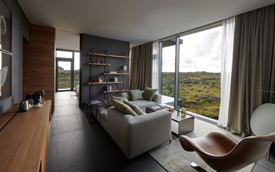 interior elegante en una casa de campo, moderno dise&#241;o de interiores, estilo loft, en el interior de Islandia, sala de estar