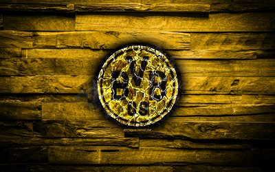 Borussia Dortmund FC, fiery logo, BVB, Bundesliga, yellow wooden background, german football club, grunge, Borussia Dortmund, football, soccer, Borussia Dortmund logo, fire texture, Germany