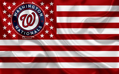 washington nationals, american baseball club, american kreative flagge, rot-wei&#223;e fahne, mlb, washington, usa, logo, emblem, major league baseball, seide flagge, baseball