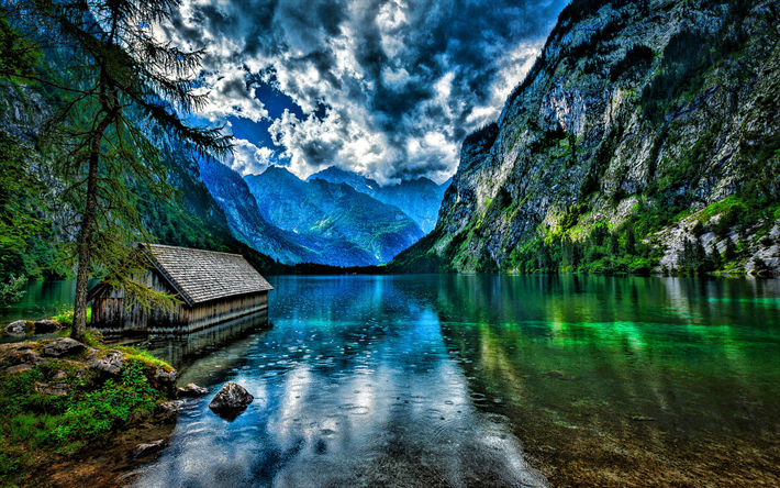 Konigssee, HDR, lake, summer, Alps, mountains, Berchtesgaden, Germany, Europe, Lake Koenigssee