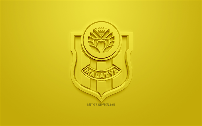 Yeni Malatyaspor, cr&#233;atrice du logo 3D, fond jaune, 3d embl&#232;me, club de football turc, SuperLig, Malatya, Turquie, turc Super League, art 3d, le football, le logo 3d