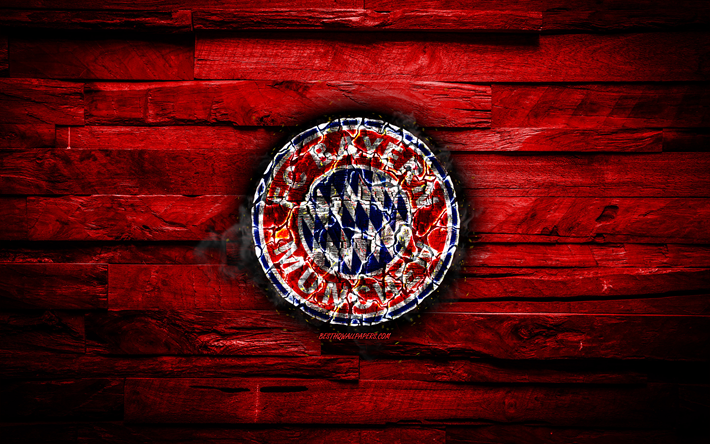 Bayern M&#252;nih FC, ateşli logo, Bundesliga, kırmızı ahşap arka plan, Alman Futbol Kul&#252;b&#252;, grunge, Bayern M&#252;nih, futbol, Bayern M&#252;nih logo, yangın, doku, Almanya