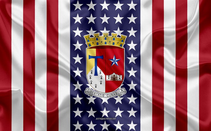 San Antonio Selo, 4k, textura de seda, Bandeira Americana, EUA, San Antonio, Texas, Cidade Americana, Selo de San Antonio, seda bandeira