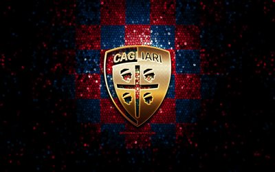 Cagliari FC, glitter logotyp, Serien, bl&#229; lila rutig bakgrund, fotboll, Cagliari Calcio, italiensk fotboll club, Cagliari logotyp, mosaik konst, Italien