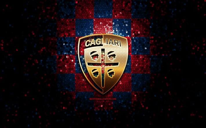 Cagliari FC, glitter, logo, Serie A, blu, viola sfondo a scacchi, calcio, Cagliari Calcio, calcio italiano di club, Cagliari, mosaico, arte, Italia