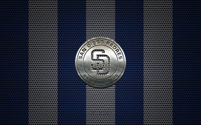 San Diego Padres logo, Amerikan beyzbol kul&#252;b&#252;, metal amblem, mavi beyaz metal kafes arka plan, San Diego Padres, HABERLER, San Diego, Kaliforniya, ABD, beyzbol