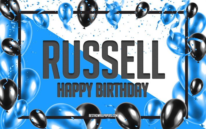 Happy Birthday Russell, Birthday Balloons Background, Russell, wallpapers with names, Russell Happy Birthday, Blue Balloons Birthday Background, greeting card, Russell Birthday