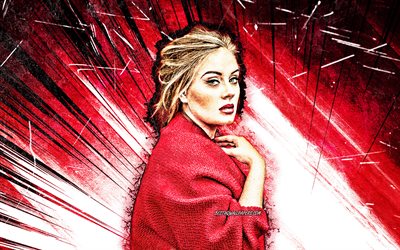 4k, Adele, grunge konst, brittiska k&#228;ndis, musik stj&#228;rnor, r&#246;tt abstrakt str&#229;lar, Adele Laurie Blue Adkins, fan art, brittisk s&#229;ngerska, superstars, Adele 4K