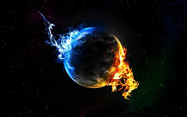 Terra do fogo, 4k, Terra a partir do espa&#231;o, a arte abstrata, criativo, estrelas, sci-fi, universo, galaxy, NO, planetas
