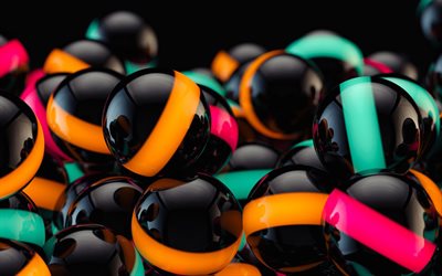 black 3D spheres, 3D art, black balls, 3d balls, spheres, geometry, background with spheres, geometric shapes, spheres backgrounds