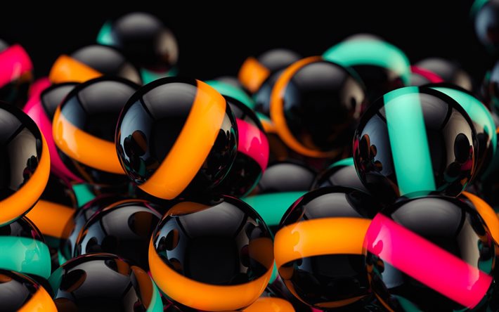 preto esferas 3D, Arte 3D, bolas pretas, 3d bolas, esferas, geometria, fundo com esferas, formas geom&#233;tricas, esferas fundos