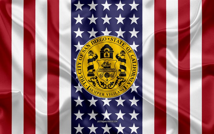San Diego Tiiviste, 4k, silkki tekstuuri, Amerikan Lippu, USA, San Diego, California, Amerikkalainen Kaupunki, Sinetti San Diego, silkki lippu