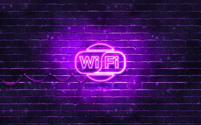 Wi-Fi violett tecken, 4k, violett brickwall, Wi-Fi tecken, konstverk, Wi-Fi neonskylt, Wi-Fi