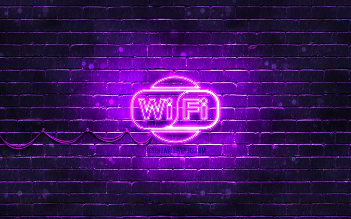 Wi-Fi mor işaret, 4k, mor brickwall, Wi-Fi işareti, sanat, Wi-Fi neon tabela, Wi-Fi