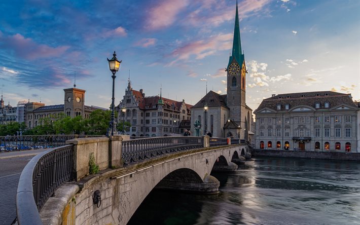 Zurich, Fraumunster, Limmat, stone old bridge, Imperial Abbey of Fraumunster, chapel, Zurich cityscape, landmark, Switzerland