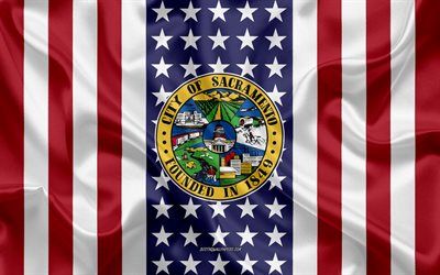 Sacramento Sello, 4k, de seda, de textura, de la Bandera Americana, estados UNIDOS, Sacramento, California, la Ciudad de Am&#233;rica, Sello del Sacramento, bandera de seda