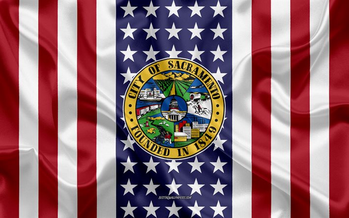 Sacramento Seal, 4k, silk texture, American Flag, USA, Sacramento, California, American City, Seal of the Sacramento, silk flag